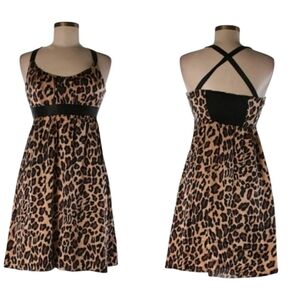 Animal Print 100% Silk Brown Black Babydoll Criss Cross Back Mini Dress Sz 4